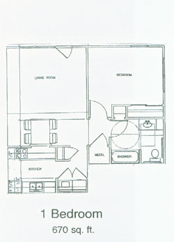 Floor plan diagram for the 1 bedroom, 1 bathroom unit at 670 square feet