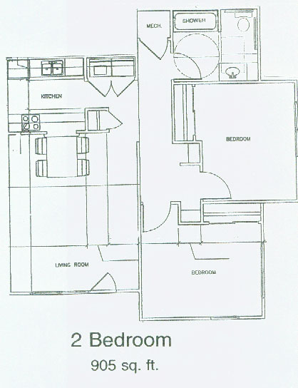 Floor plan diagram for the 2 bedroom, 1 bathroom unit at 905 square feet